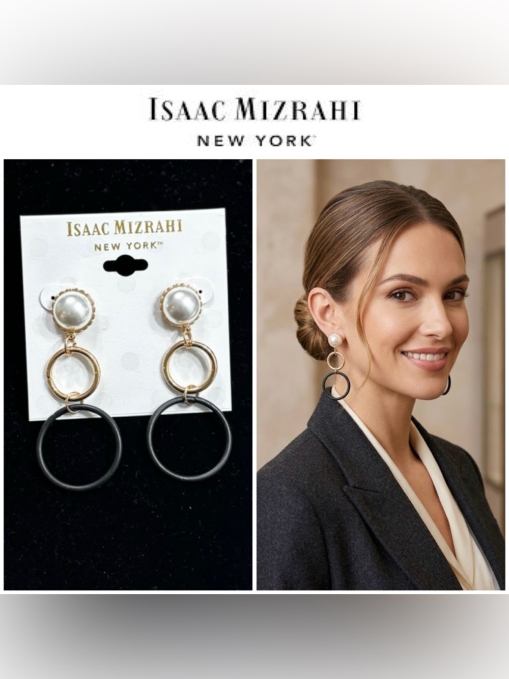Isaac Mizrahi Gold, Black & Pearl Drop Hoop Earrings